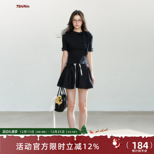 7Shiftin原创设计蝴蝶结藏蓝色翻领上衣套装夏季新款抽绳修身短裙