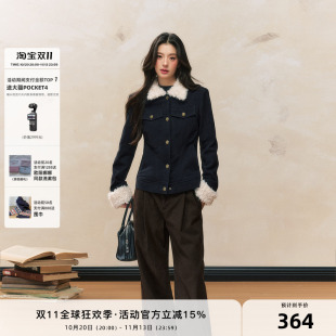 7Shiftin 原创设计秋冬新款修身藏蓝色短款外衣夹棉毛领外套女