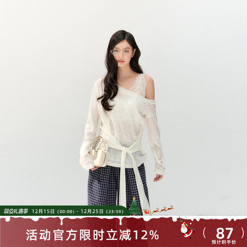 7Shiftin 原创设计新款白色长袖蕾丝罩衫设计感露肩百搭辣妹上衣