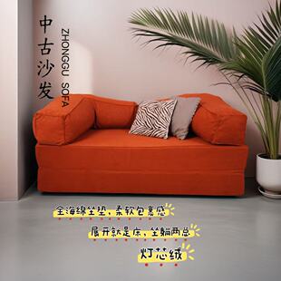 中古风布艺沙发客厅直排美式双三人折叠两用沙发床小户型复古模块