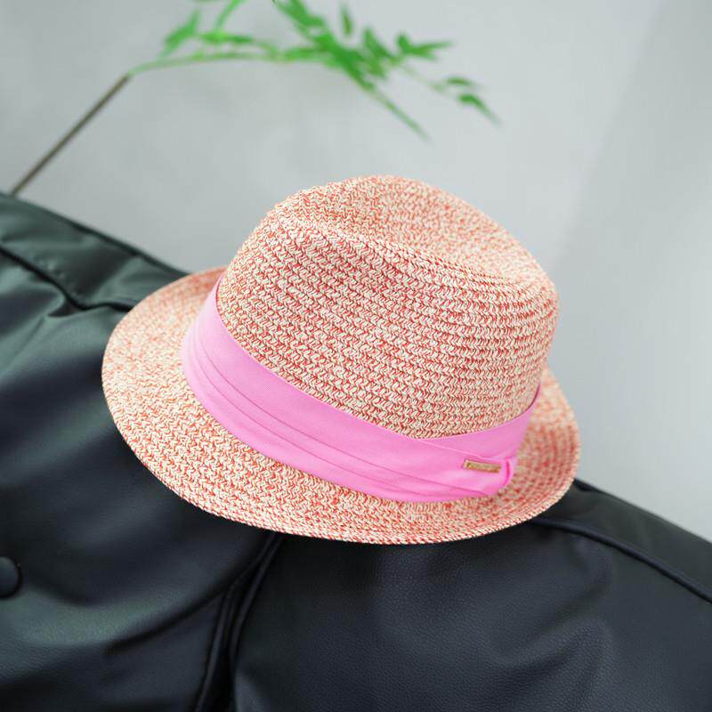 2026春新款草帽女英伦卷边礼帽粉色草编帽子出游遮阳情侣帽沙滩帽