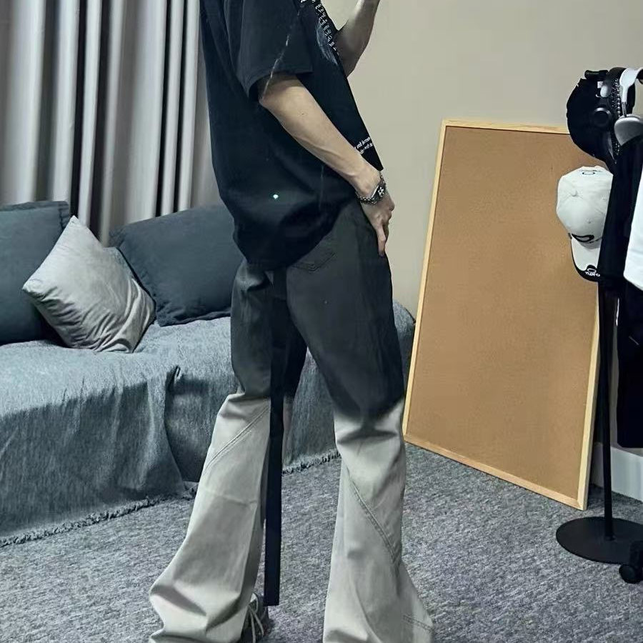高街复古黑灰渐变色飘带牛仔裤男美式小众设计学生微喇叭直筒裤子