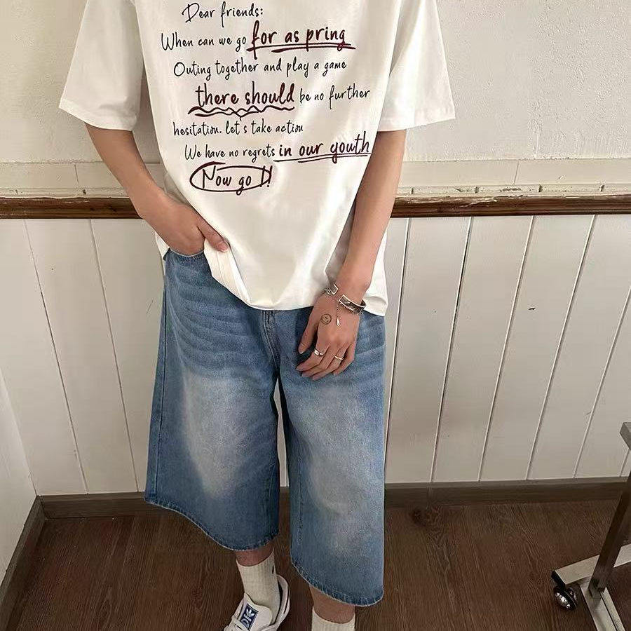 美式复古黑色牛仔七分裤女男夏季中腰直筒宽松工装中裤五分裤短裤