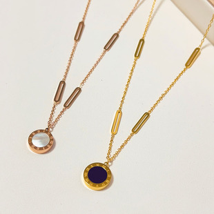 通体钛钢双面圆牌罗马数字项链女简约黑白小众轻奢感锁骨链