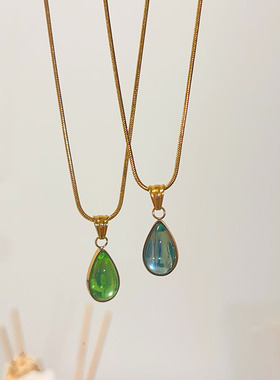 法式蓝色透明水滴海洋宝石项链女锁骨链复古气质人鱼的眼泪设计感