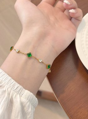小众设计孔雀绿锆石方块手链轻奢