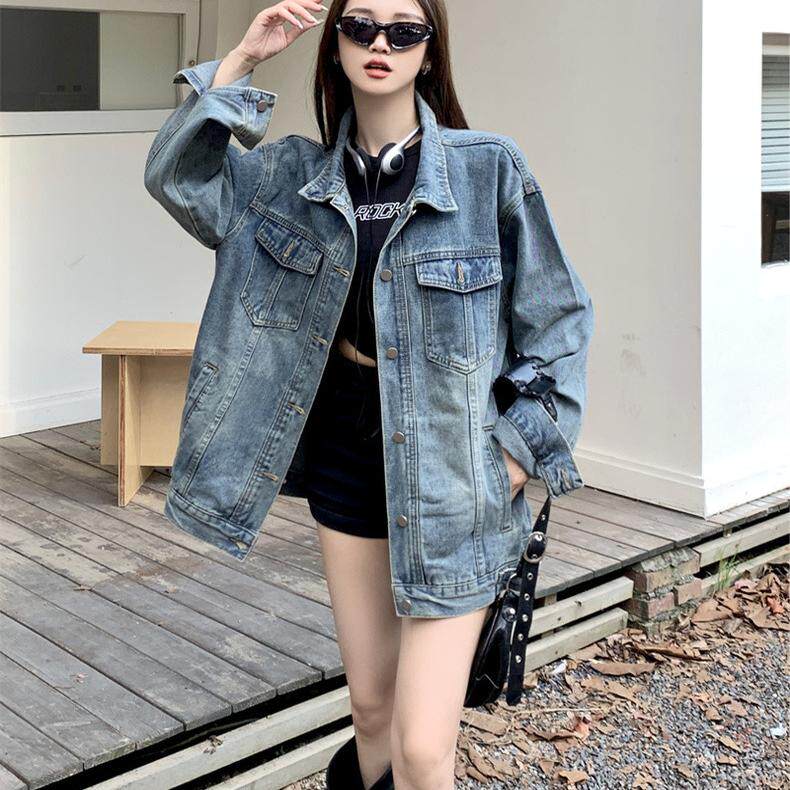 美式甜酷风牛仔长袖外套女秋冬新款复古BF翻领时尚百搭外搭上衣潮