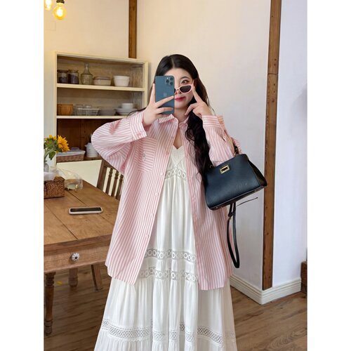 梵朵大码女装夏季高级感百搭显瘦衬衫条纹梨型身材外套17286Y