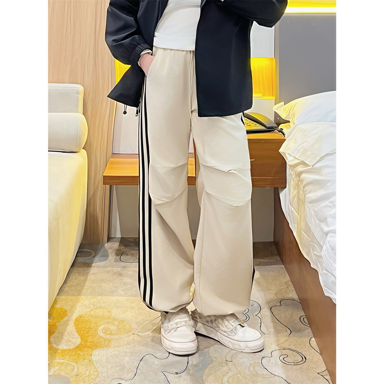 【花契】大码女装12229设计感褶皱条纹拖地长裤春季新款休闲裤子,女装/女士精品,大码裤装,淘宝优惠券,粉丝福利购,淘宝优惠卷