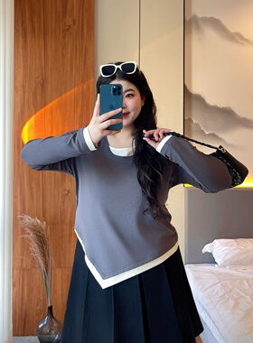 梵朵大码女装初春气质简约不规则假两件打底衫个性遮肉上衣15553Y