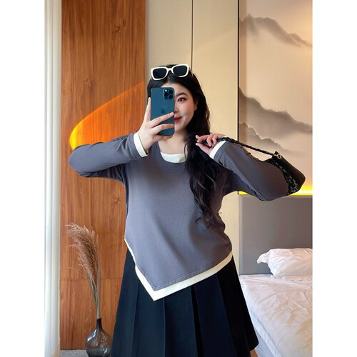 梵朵大码女装初春气质简约不规则假两件打底衫个性遮肉上衣15553Y