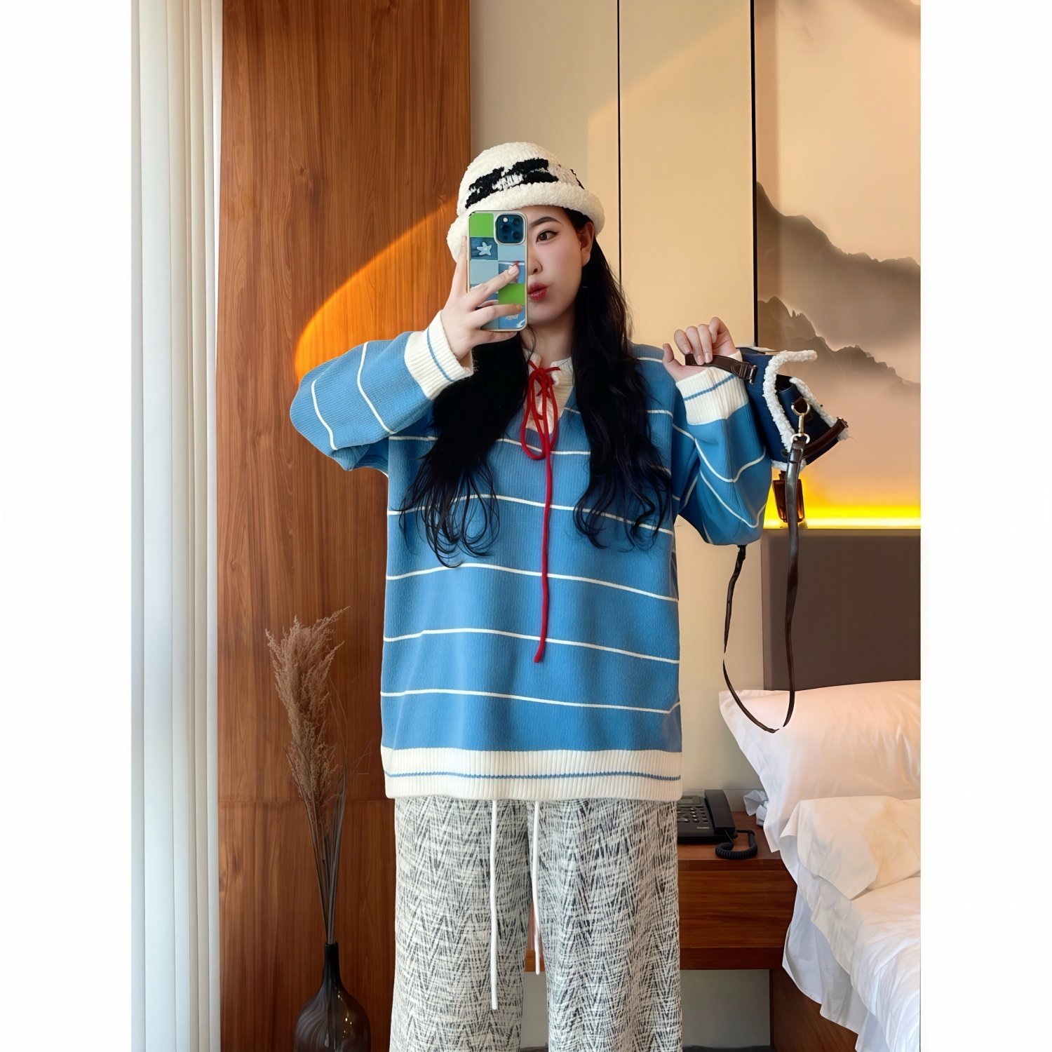 梵朵大码女装16174秋冬新款胖MM撞色宽松针织毛衣慵懒风系带上衣