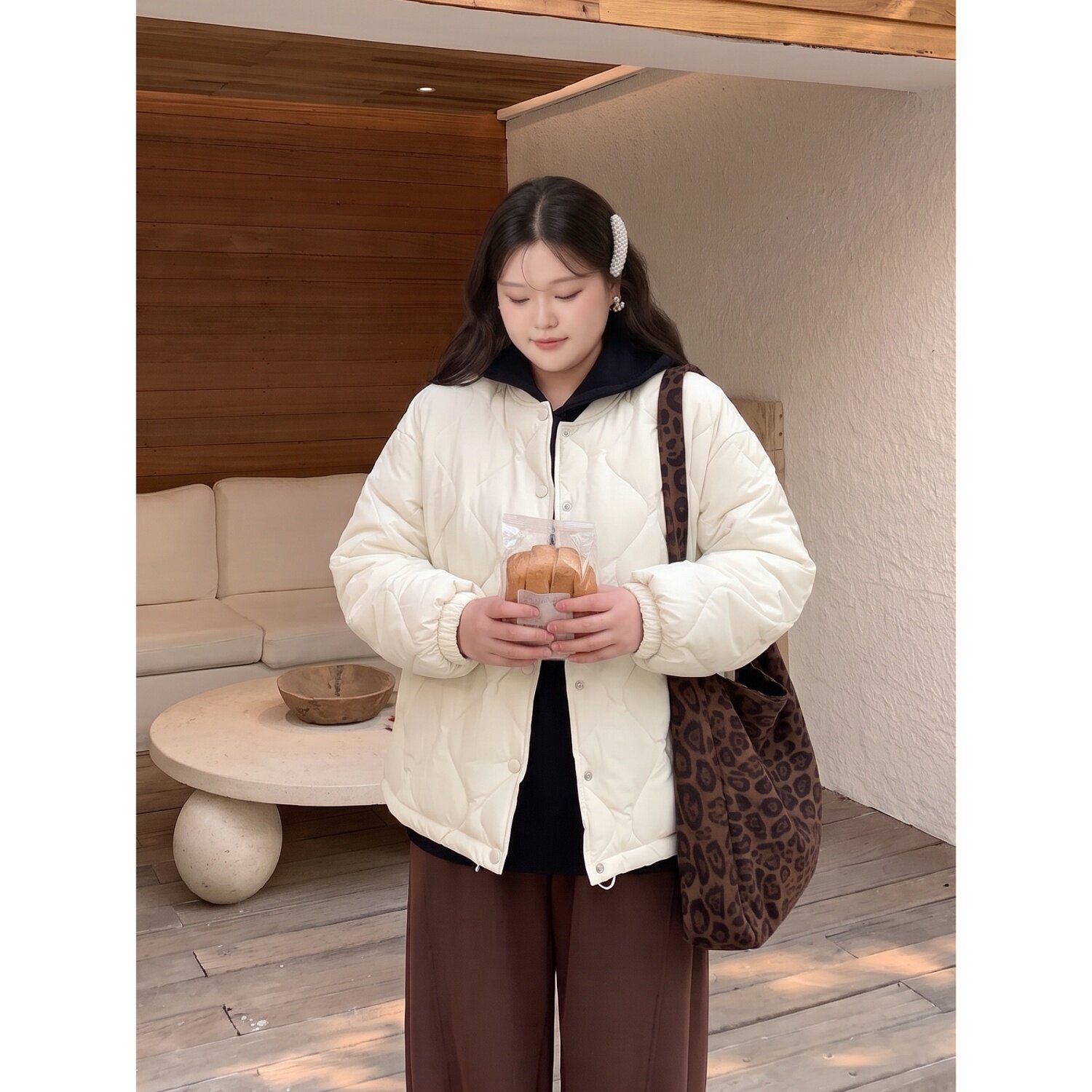 梵朵大码女装冬季高级设计感休闲棉服外套短款菱格纹棉袄13042R