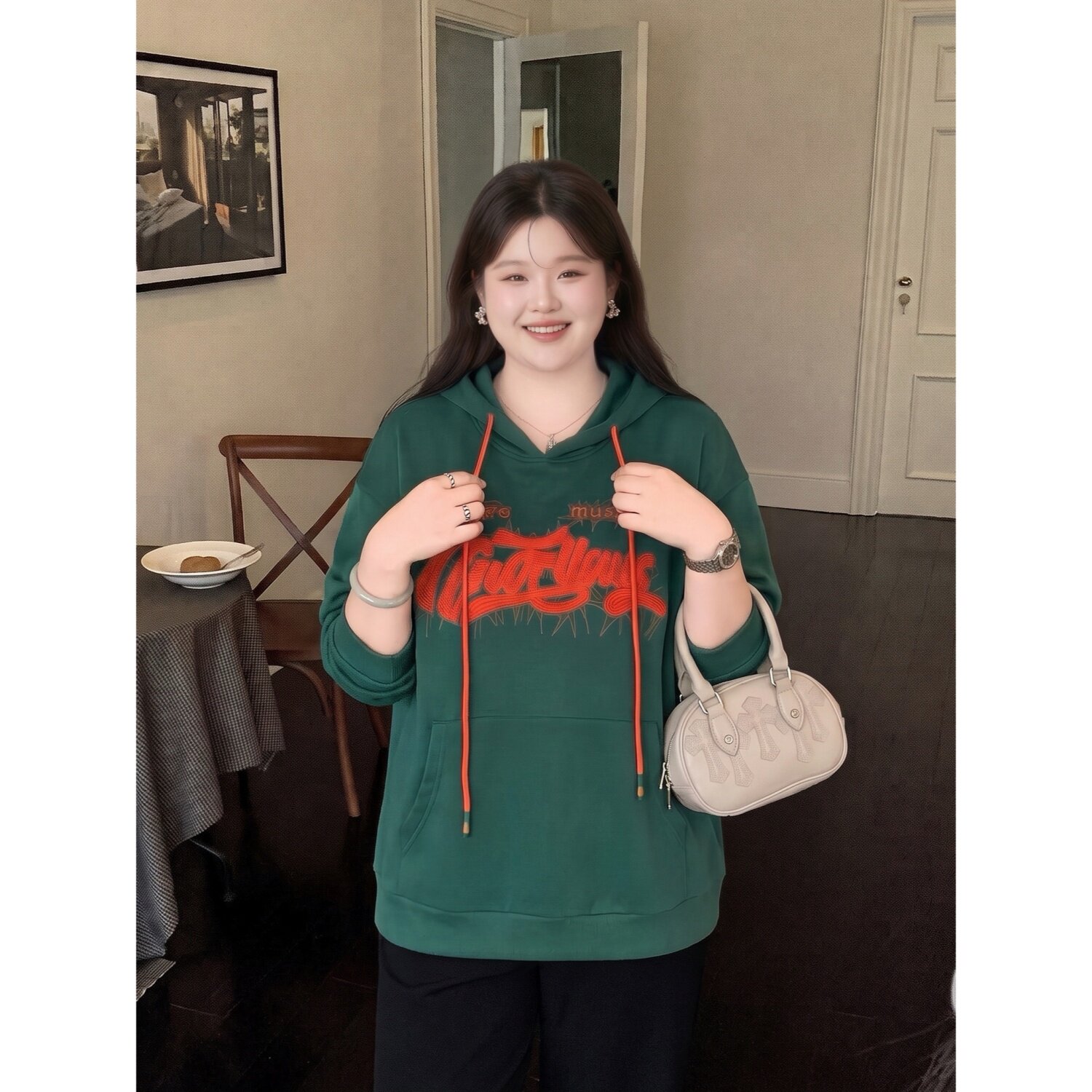 梵朵大码女装秋季设计感抽绳连帽卫衣小众个性胖妹妹上衣19278R