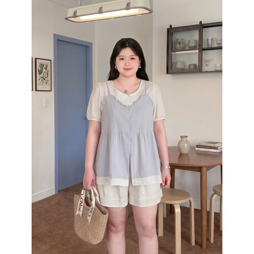 梵朵大码女装夏季百搭时髦假两件短袖松弛遮肚T恤上衣潮17447K