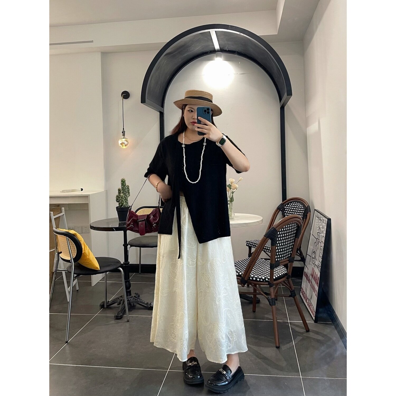 梵朵大码女装夏季时尚个性开叉小衫高腰松紧时髦裙裤套装17595S
