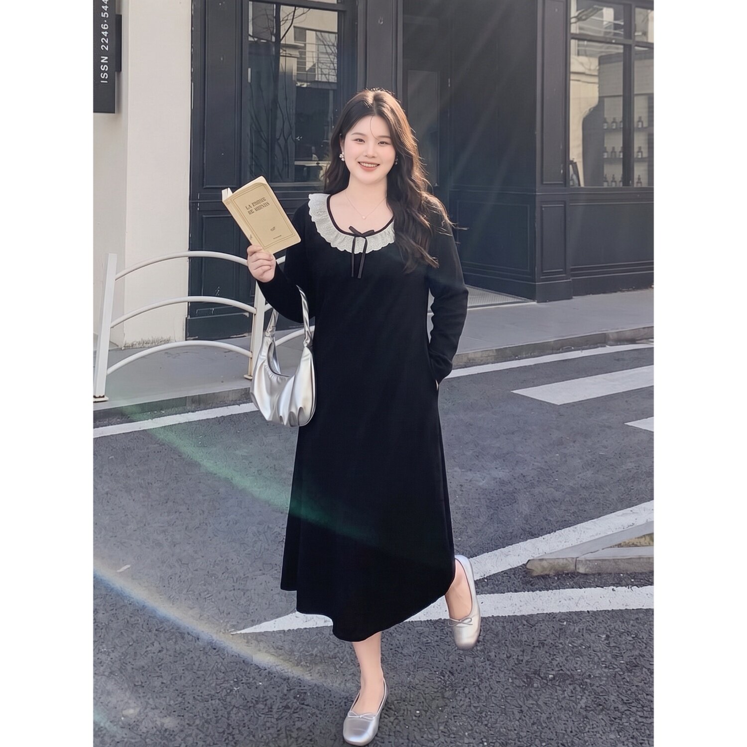 梵朵大码女装秋季赫本风高级感连衣裙蝴蝶结设计好看长裙19264R