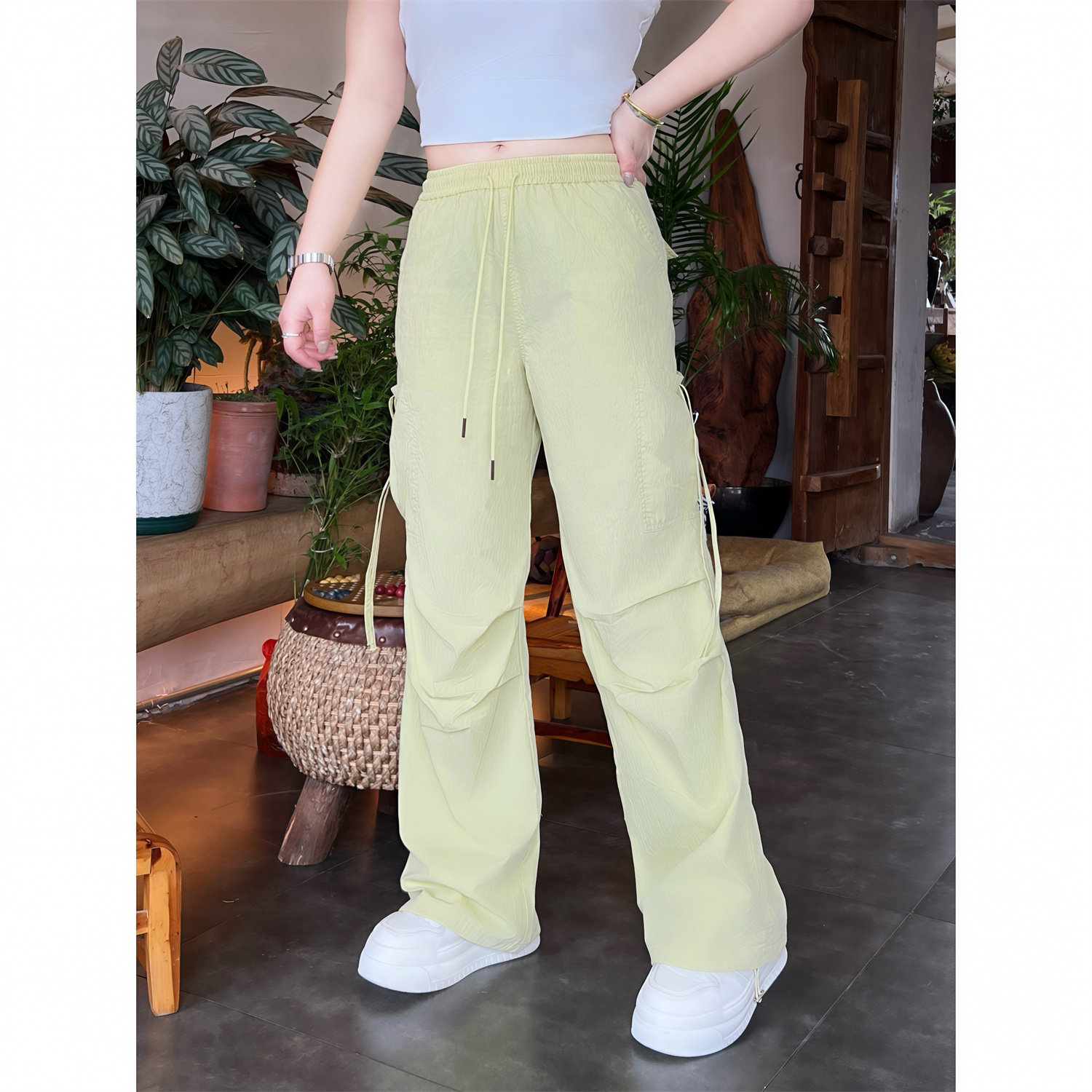 花契大码裤装14314美式捏褶抽绳工装裤直筒束脚裤胖mm夏季休闲裤,女装/女士精品,大码裤装,淘宝优惠券,粉丝福利购,淘宝优惠卷