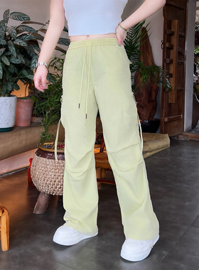 花契大码裤装14314美式捏褶抽绳工装裤直筒束脚裤胖mm夏季休闲裤