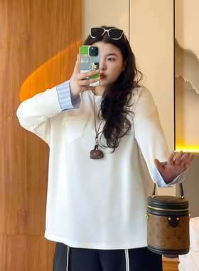 梵朵大码女装16178秋冬胖MM气质拼接显瘦长袖T恤遮肉显瘦圆领上衣