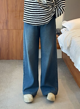 梵朵大码女装15963冬季新款高腰加厚牛仔裤通勤加绒显瘦阔腿长裤
