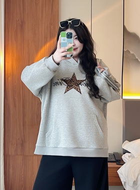 梵朵大码女装4366秋冬宽松连帽加绒卫衣百搭通勤气质胖MM套头上衣