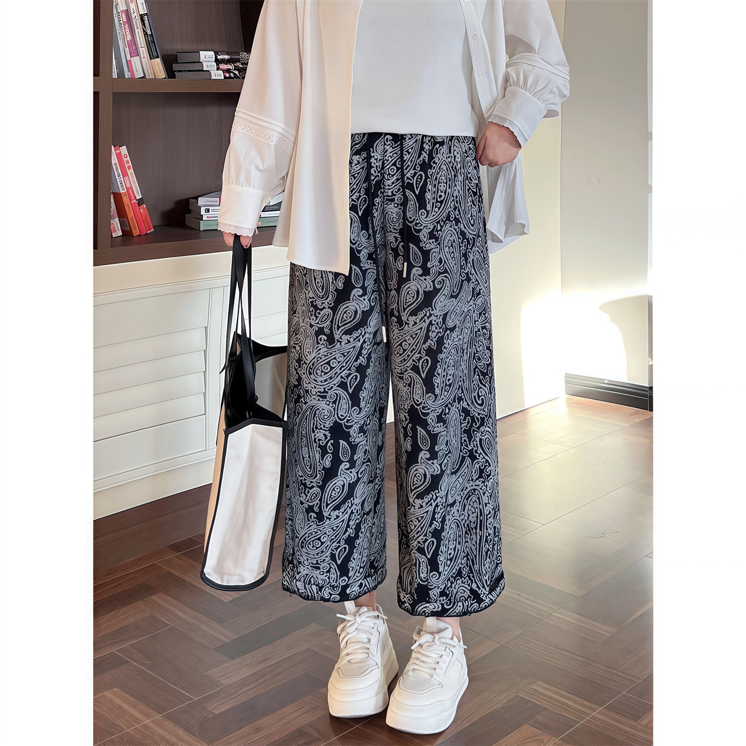 花契大码裤子高腰复古花纹胖mm小个子九分显瘦直筒休闲裤春4340Y