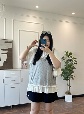 梵朵大码女装夏季别致拼接假两件短袖波点花边T恤上衣潮17523J