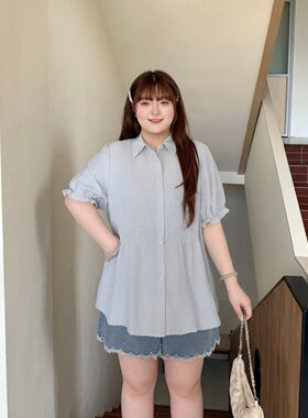 梵朵大码女装夏季梨型身材新款衬衫时尚休闲遮肚宽松衬衣16886Z