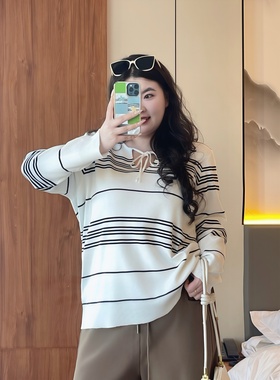 梵朵大码女装14633秋冬洋气针织毛衣时尚宽松减龄内搭条纹上衣