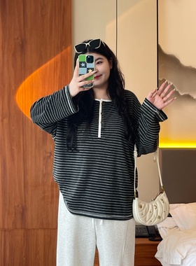 梵朵大码女装16189秋冬设计感气质内搭打底衫条纹宽松长袖罩衫潮
