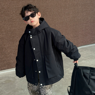 男童外套夹棉加厚儿童秋冬装2025新款中大童休闲潮酷男孩连帽棉服