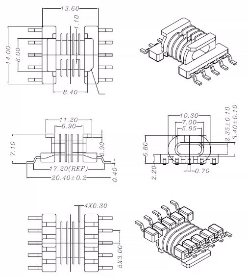 EPC13卧式多槽smd 5+5针高频变压器骨架磁芯