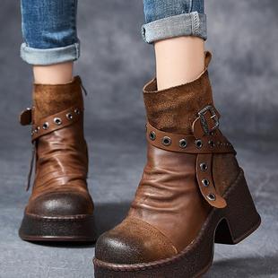 民族风真皮粗跟休闲短靴复古高跟马丁靴厚底头层牛皮加绒保暖皮靴