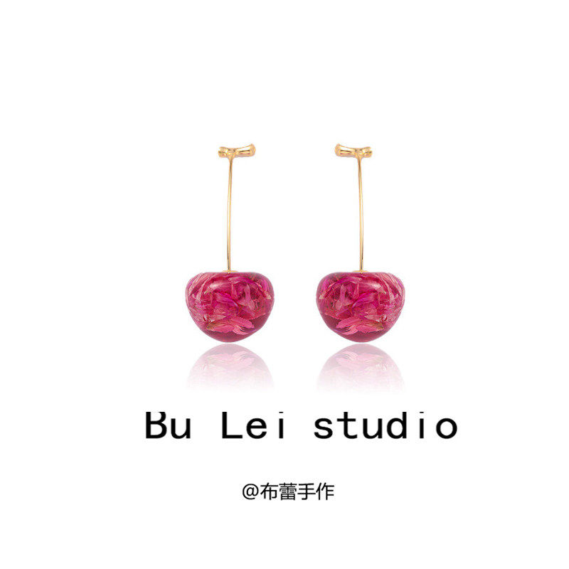 日韩甜美樱桃车厘子干花瓣透明长款耳饰少女耳钉耳夹耳环水果百搭