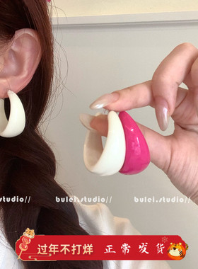 复古C型玫红粉色耳环女甜美夸张耳钉韩国925银针圆环耳饰耳夹