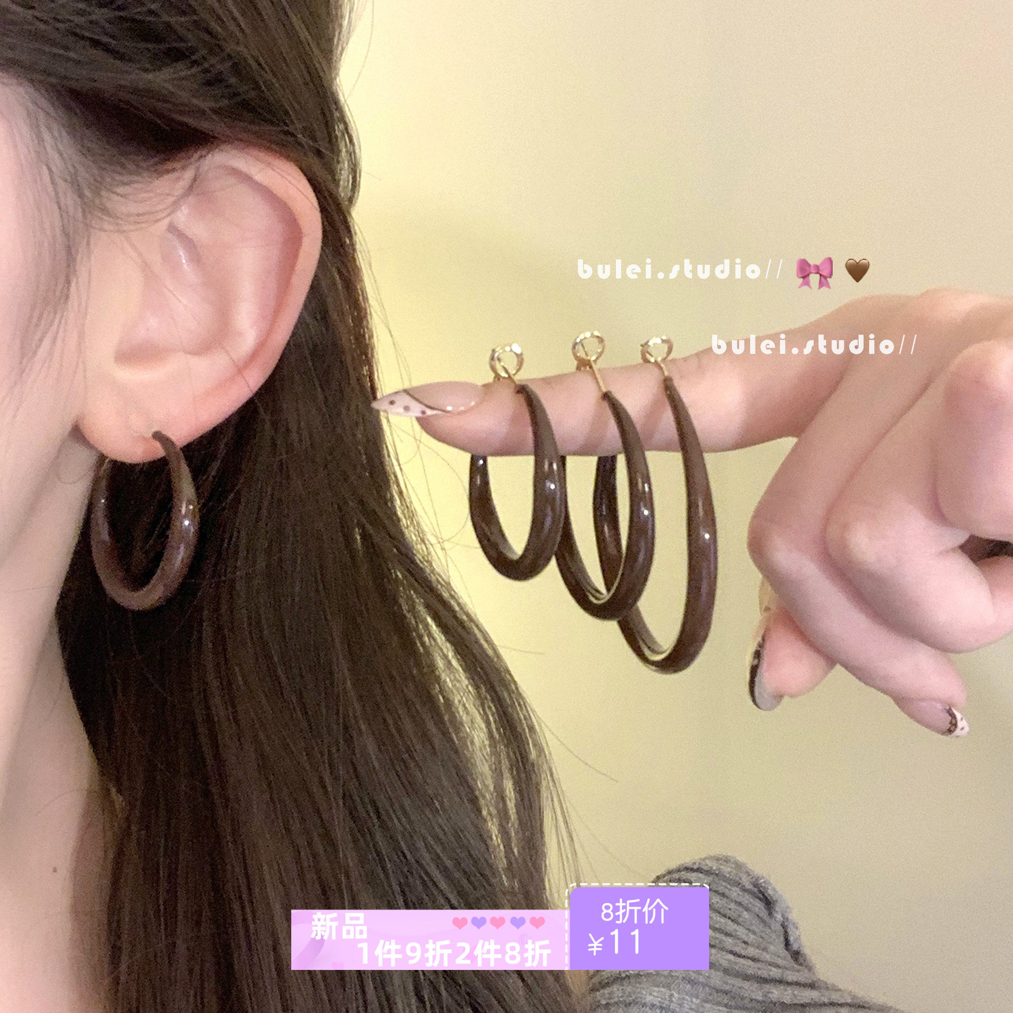 秋冬咖色焦糖大圈圈显脸小耳环耳钉耳饰银针无耳洞耳夹耳圈