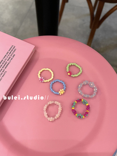 多巴胺彩色学生七彩撞色小清新花朵饰品串珠戒指指环弹性可调节