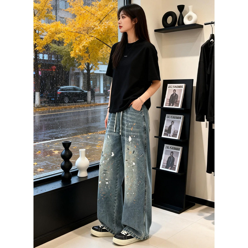 美式复古漆点牛仔裤男女款春秋季高街潮牌cleanfit宽松直筒休闲裤,男装牛仔裤,电商A232