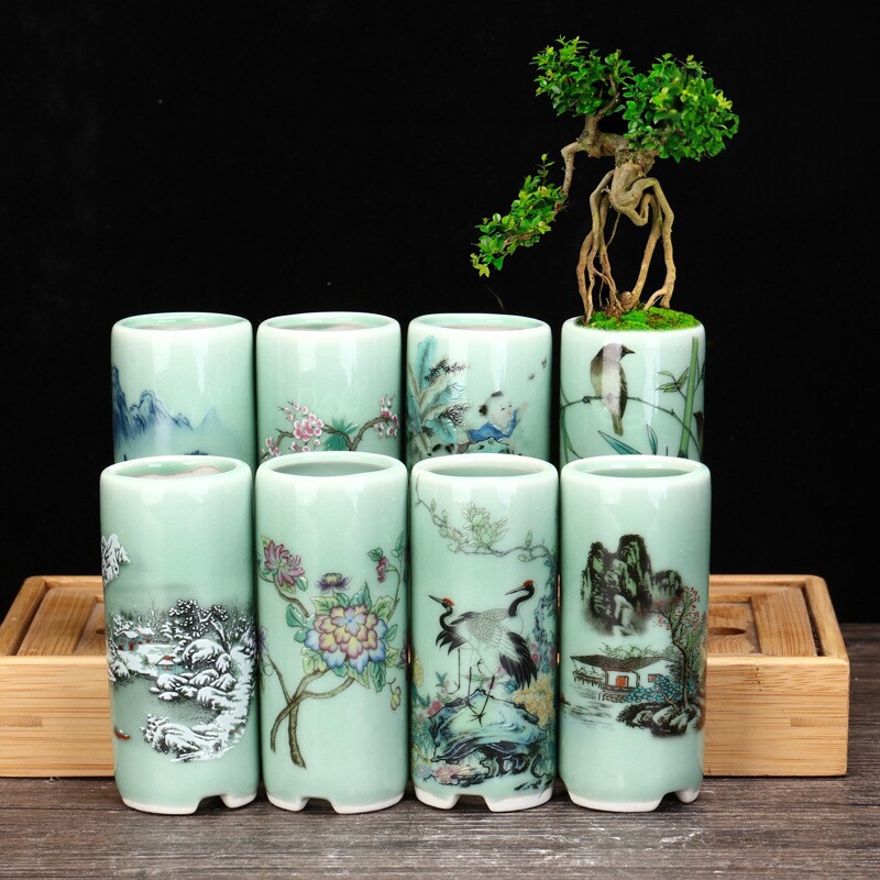 宜兴紫砂花盆透气迷你创意小花盆青瓷圆柱形千筒贴花盆悬崖临水盆