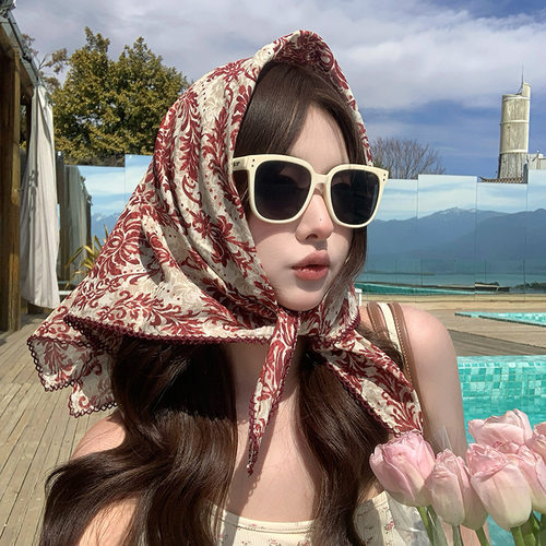 新款丝巾女春夏秋棉麻碎花65方巾