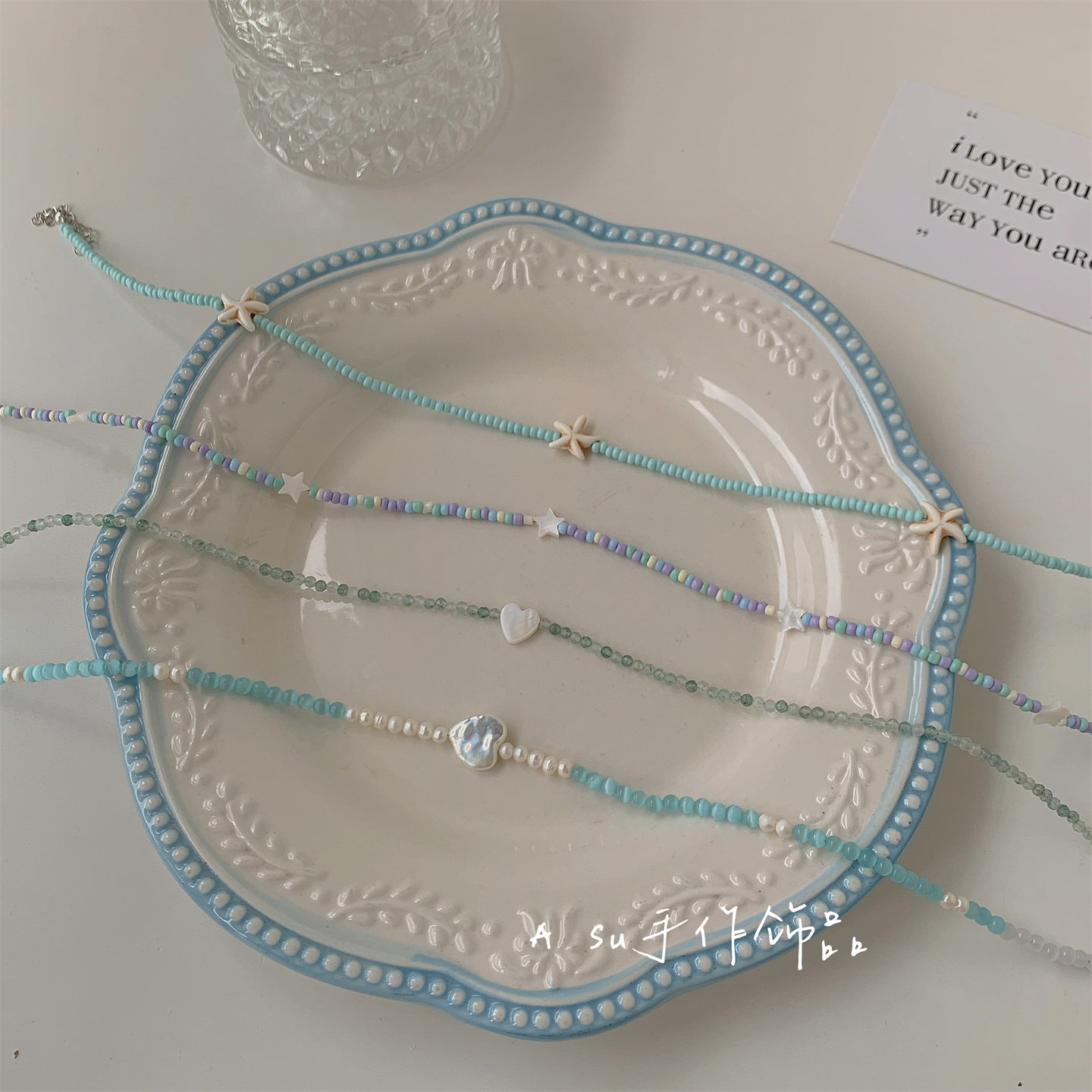 【满25包邮】蓝色系彩色米珠项链女锁骨链星星爱心气质米珠圆珠链