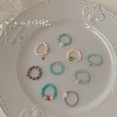 包邮 满25 小清新彩色串珠戒指女小众设计甜美秋冬珍珠指环