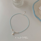 包邮 满25 甜美蓝色水晶圆珠链天然淡水珍珠锁骨链项链女