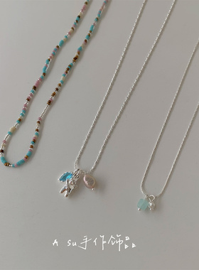Asu手工自制~薄荷蓝圆珠链项链女