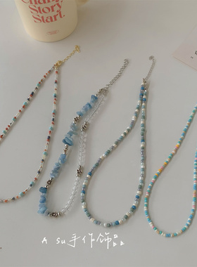 彩色蓝色系串珠项链女