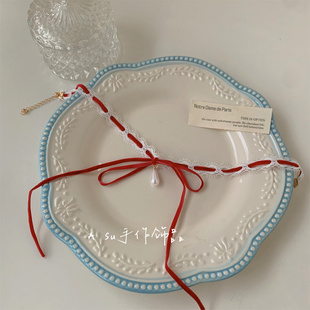 【满25包邮】蕾丝蝴蝶结项链女锁骨链珍珠吊坠甜美红色丝绒choker