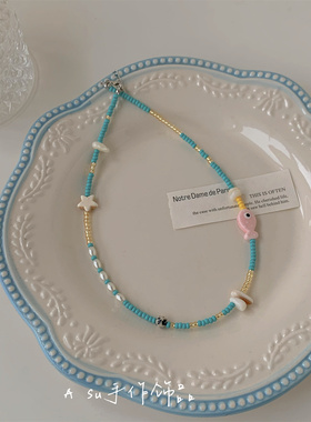 【Asu原创自制】甜美少女风拼色串珠锁骨链女圆珠链春夏项链