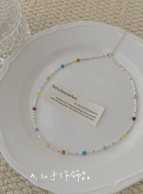 小众彩色串珠碎银项链女