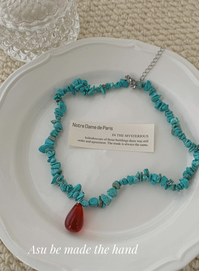 蓝色碎石项链女锁骨链